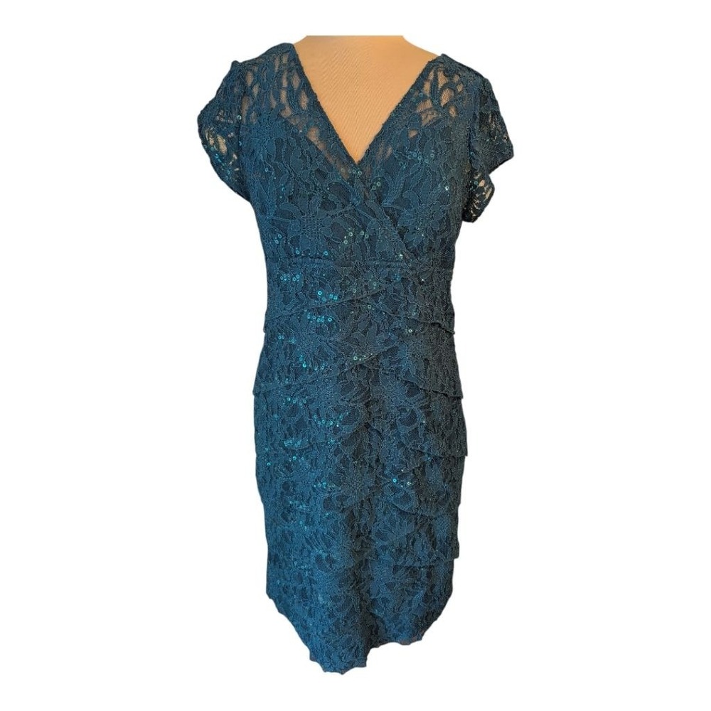Dark Teal Sheath Dress Lace Tiered Sequin Sz 8 Wedding Guest Cocktail Party EUC